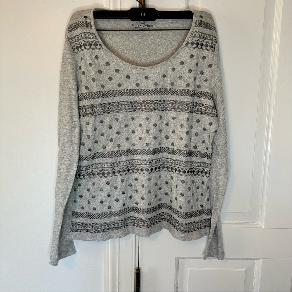 Vineyard Vines Heather Grey Embroidered Polka Dot Long Sleeve Top Medium